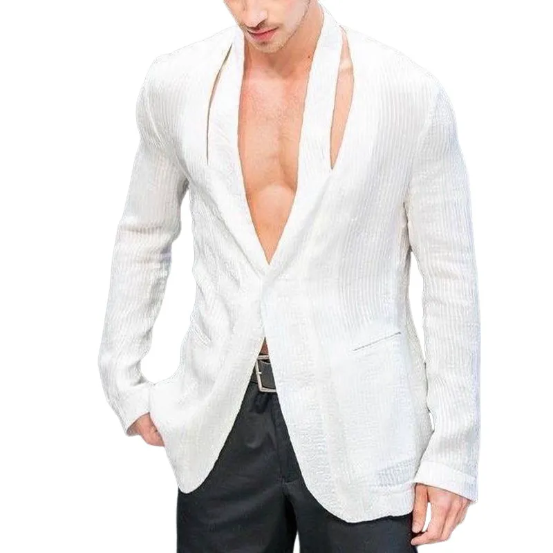 Men's Fashion Casual V-neck Slim Fit Textured Fabric Blazer 41527021K sold by Manly