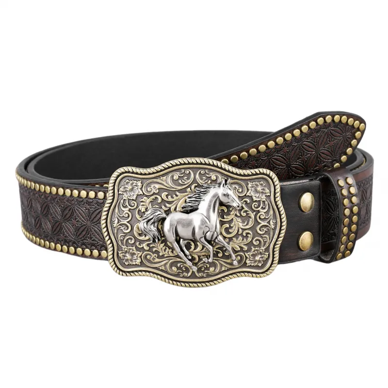 Men's Vintage Embossed Rivet Western Cowboy Leather Belt 73952903M sold by Manly
