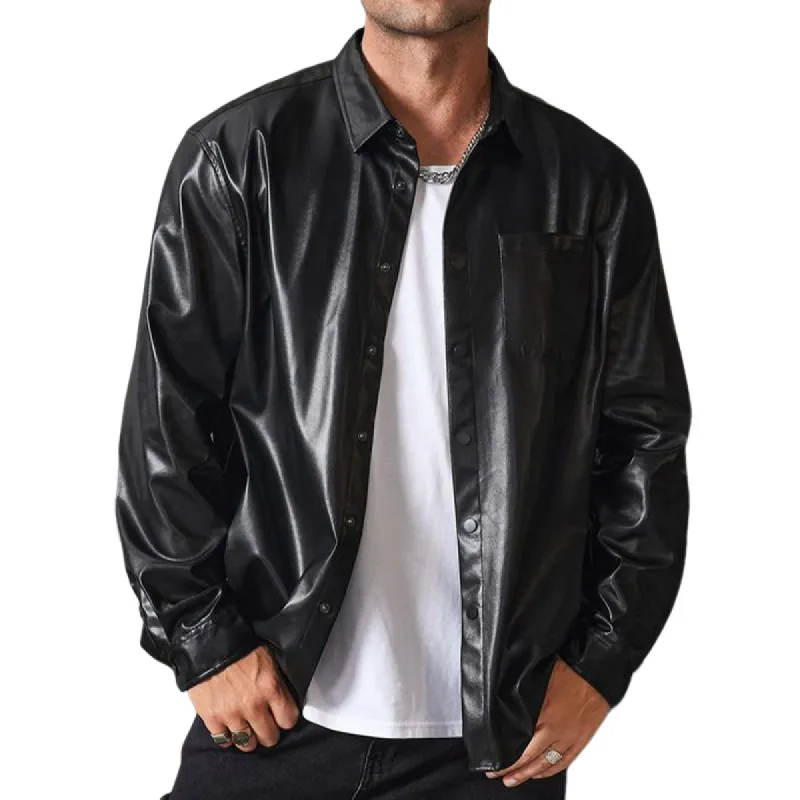 Men's Vintage Loose Snap Button Long Sleeve Leather Shirt 92201446U sold by Manly