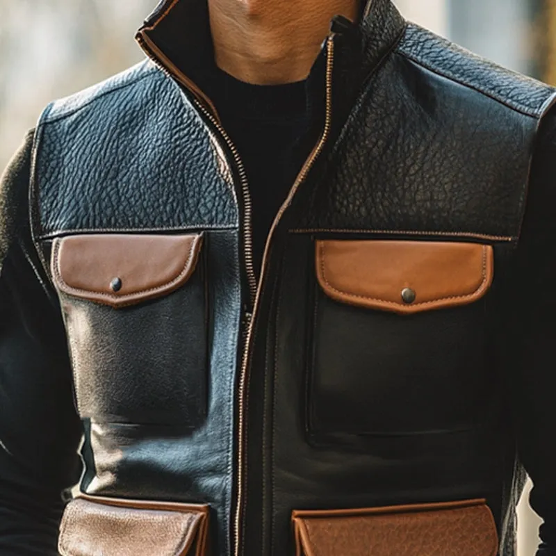Men's Vintage Stand Collar Zippered Leather Vest 24401606U sold by Manly product image thumbnail 3