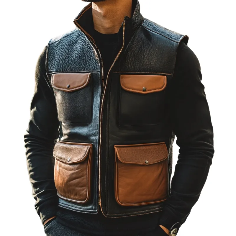 Men's Vintage Stand Collar Zippered Leather Vest 24401606U sold by Manly