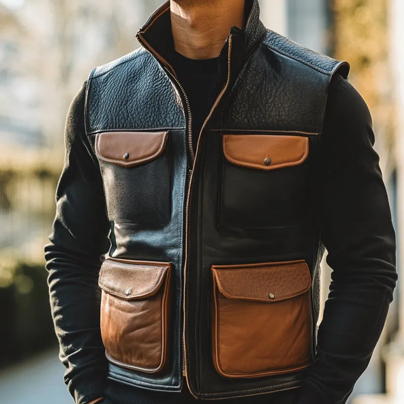 Men's Vintage Stand Collar Zippered Leather Vest 24401606U sold by Manly product image thumbnail 2