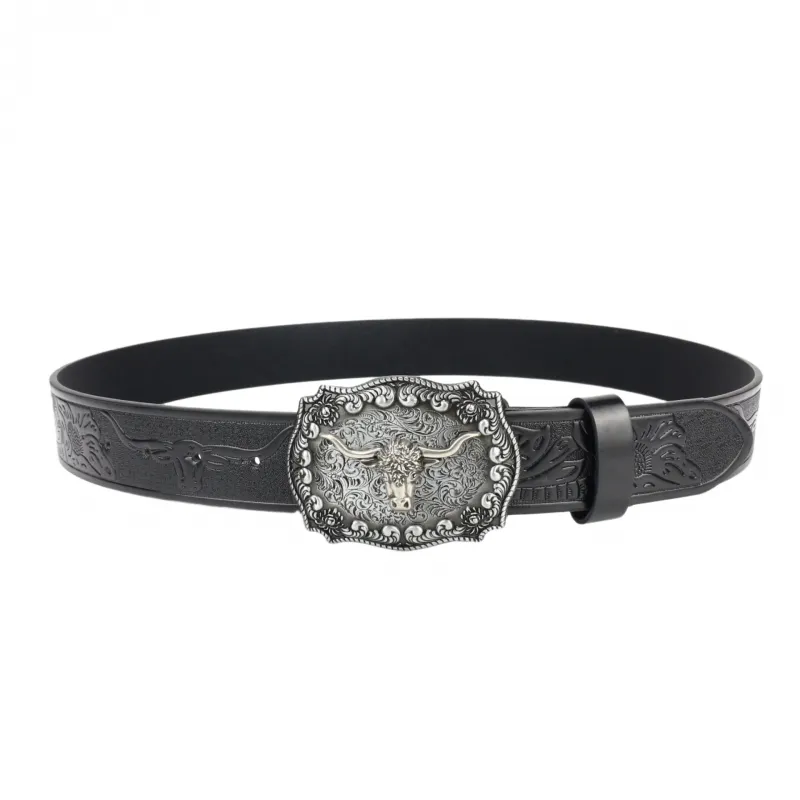 Men's Vintage Bullhead Punk Embossed Western Cowboy Leather Belt 00290054M sold by Manly product image thumbnail 2