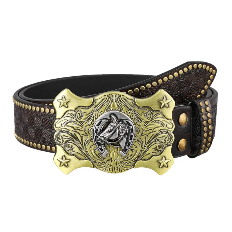 Men's Vintage Embossed Rivet Western Cowboy Leather Belt 68901068M sold by Manly