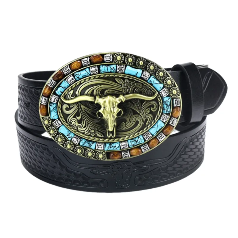 Men's Vintage Bull Head Western Cowboy Leather Belt 90039132M sold by Manly