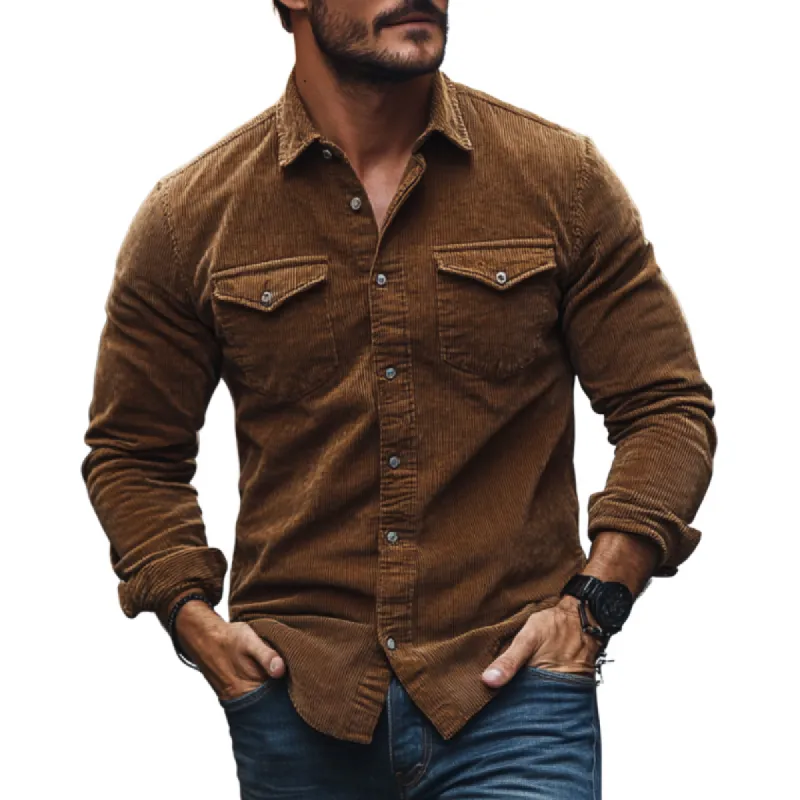Men's Casual Corduroy Lapel Chest Pocket Slim Fit Long Sleeve Shirt 49169035M sold by Manly