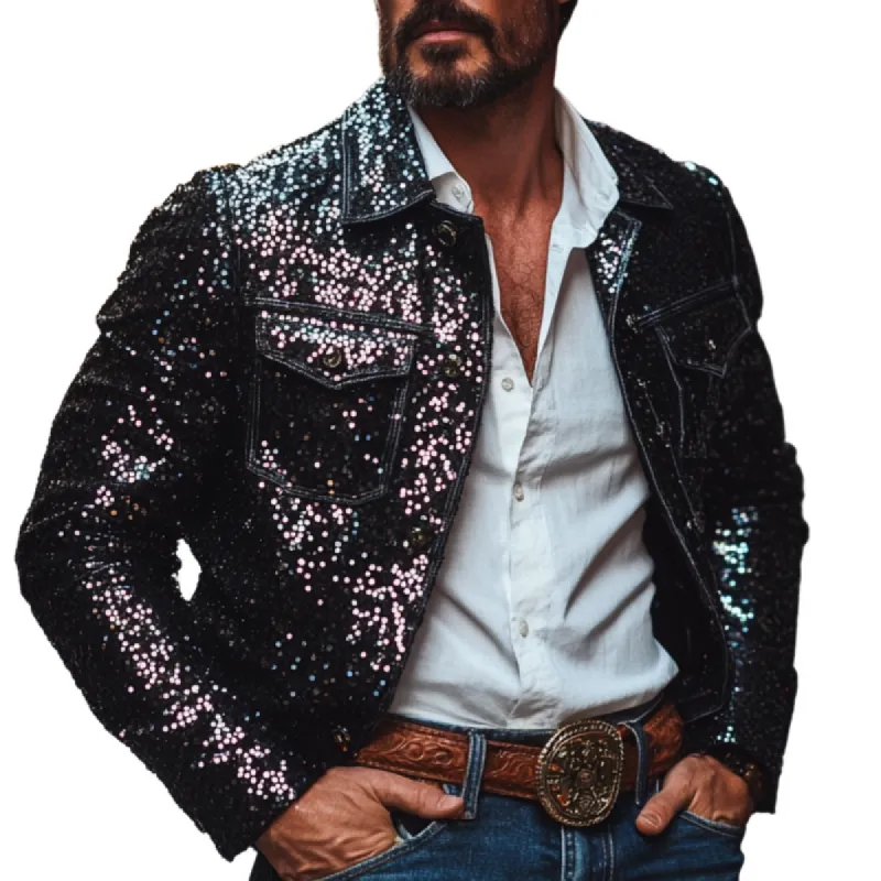 Men's Fashion Sequin Lapel Patchwork Slim-fit Jacket 54374155M sold by Manly