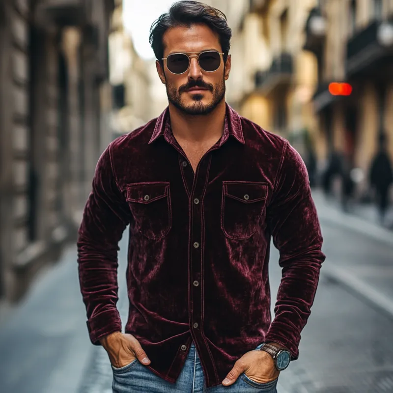 Men's Vintage Velvet Lapel Chest Pocket Slim Fit Long Sleeve Shirt 89154842M sold by Manly product image thumbnail 3