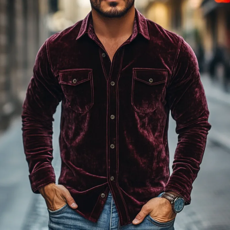 Men's Vintage Velvet Lapel Chest Pocket Slim Fit Long Sleeve Shirt 89154842M sold by Manly product image thumbnail 2