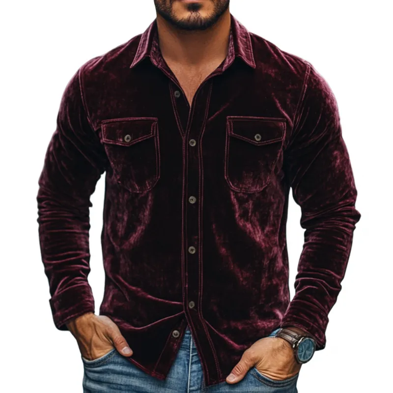 Men's Vintage Velvet Lapel Chest Pocket Slim Fit Long Sleeve Shirt 89154842M sold by Manly
