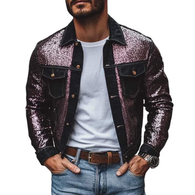Men's Casual Lapel Denim Sequin Patchwork Slim-fit Jacket 39959058M sold by Manly