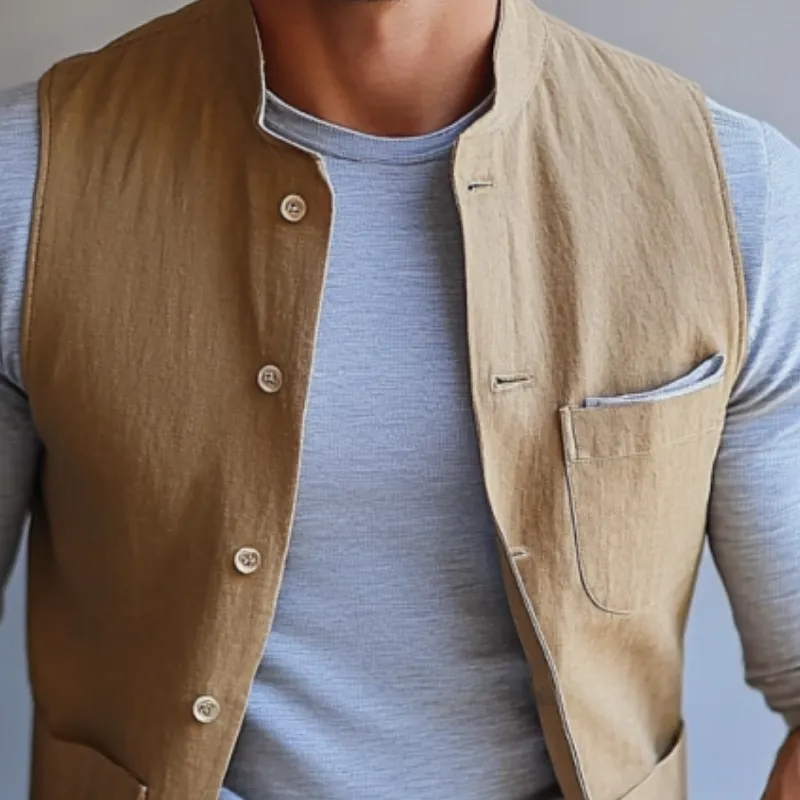 Men's Vintage Linen Stand Collar Single Breasted Multi-Pocket Slim Fit Vest 56180882Y sold by Manly product image thumbnail 2