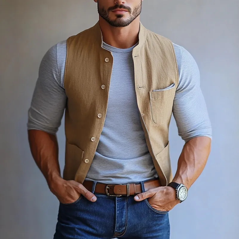 Men's Vintage Linen Stand Collar Single Breasted Multi-Pocket Slim Fit Vest 56180882Y sold by Manly product image thumbnail 3