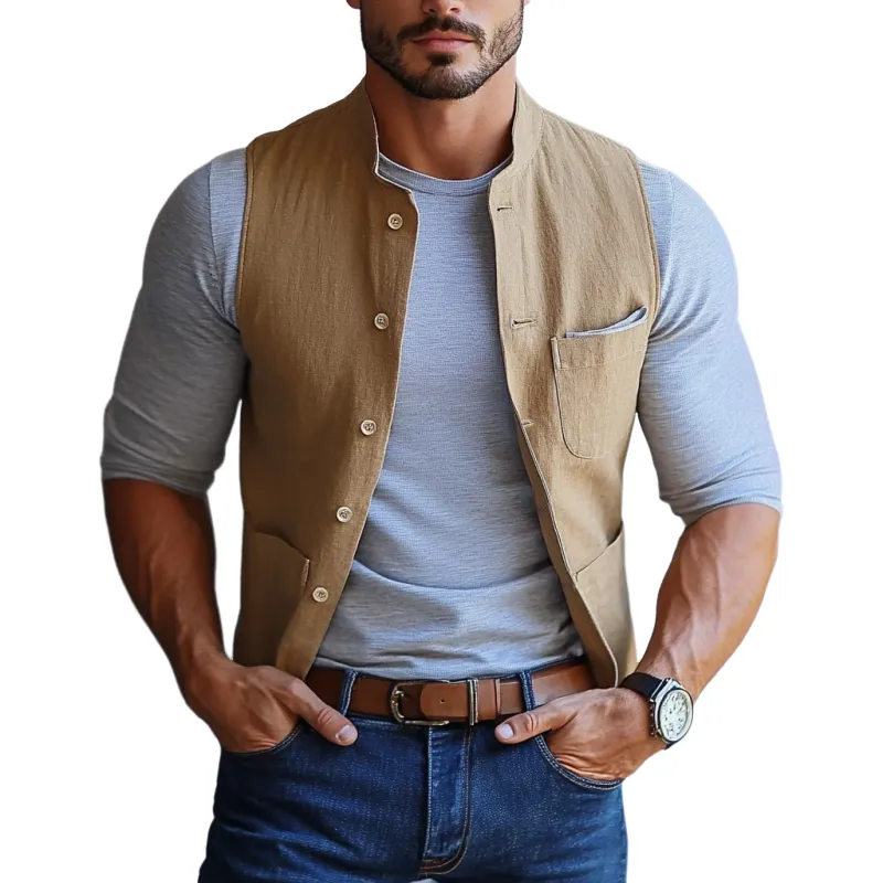 Men's Vintage Linen Stand Collar Single Breasted Multi-Pocket Slim Fit Vest 56180882Y sold by Manly