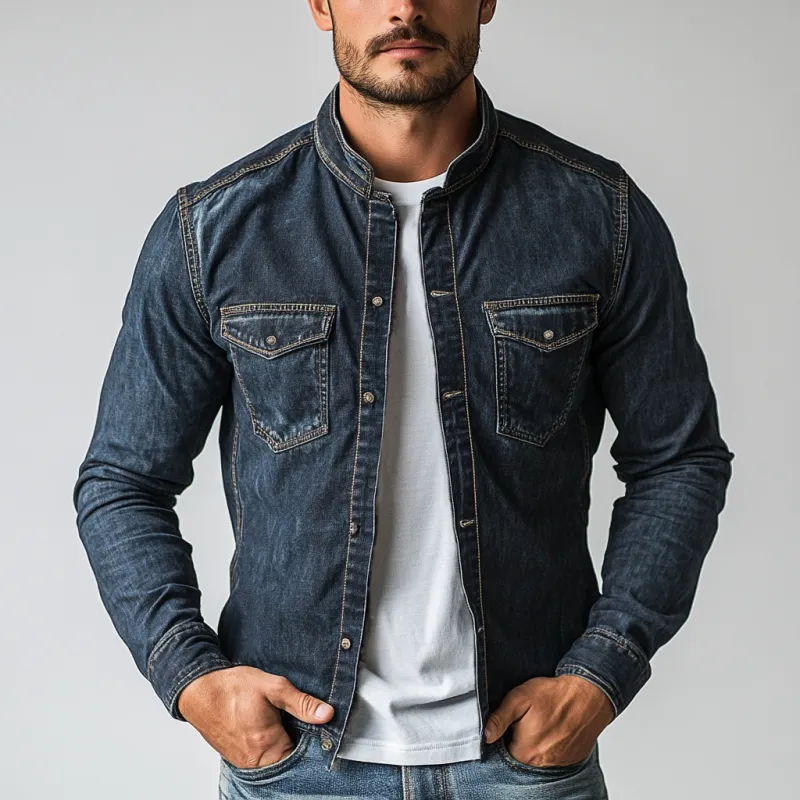 Men's Vintage Washed Denim Stand Collar Jacket 67016883Y sold by Manly product image thumbnail 3