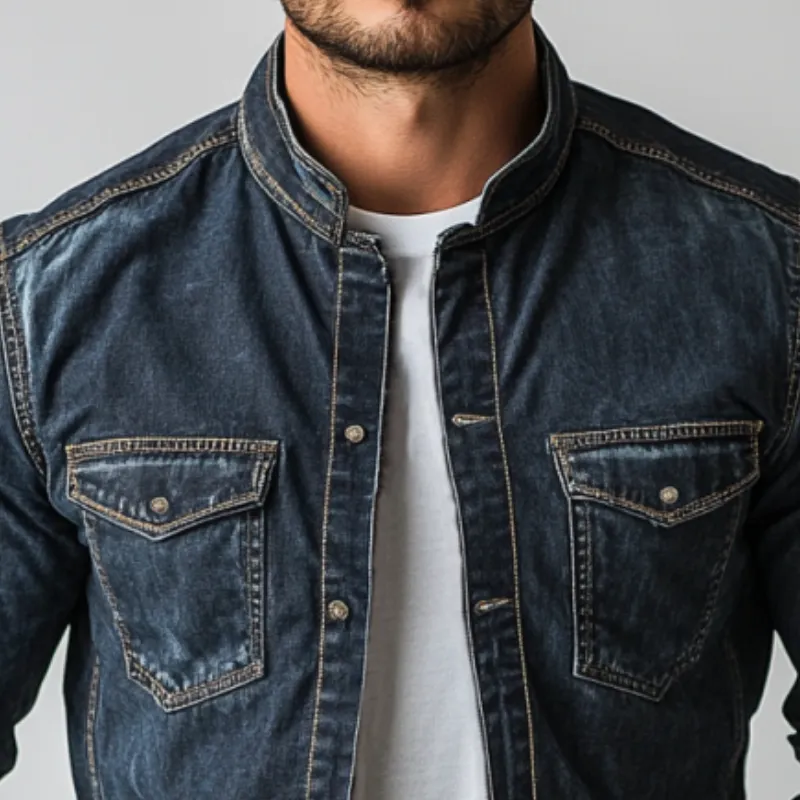 Men's Vintage Washed Denim Stand Collar Jacket 67016883Y sold by Manly product image thumbnail 2
