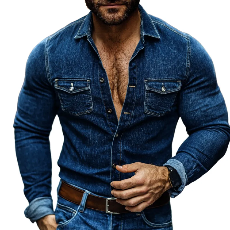 Men's Fashion Vintage Lapel Long-Sleeved Denim Shirt 36364731Y sold by Manly