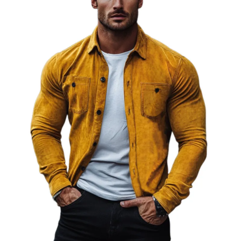 Men's Fashion Suede Slim Fit Lapel Long-Sleeved Shirt 78466044Y sold by Manly