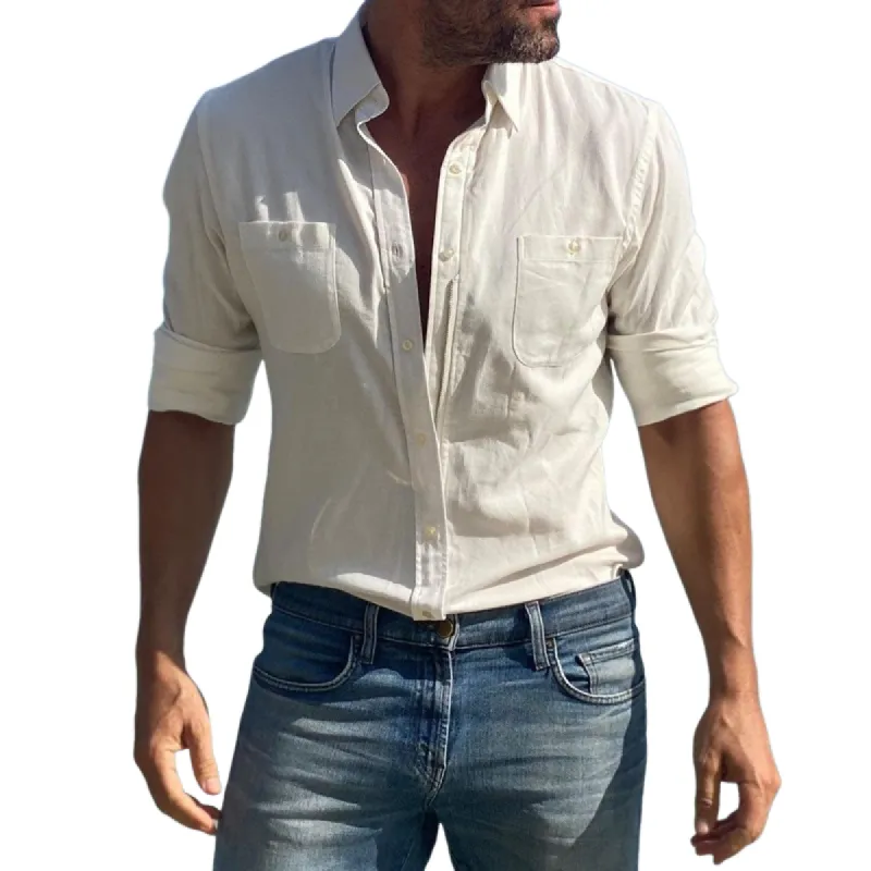 Men's Fashion Solid Lapel Chest Pocket Long Sleeve Casual Shirt 41043132Z sold by Manly