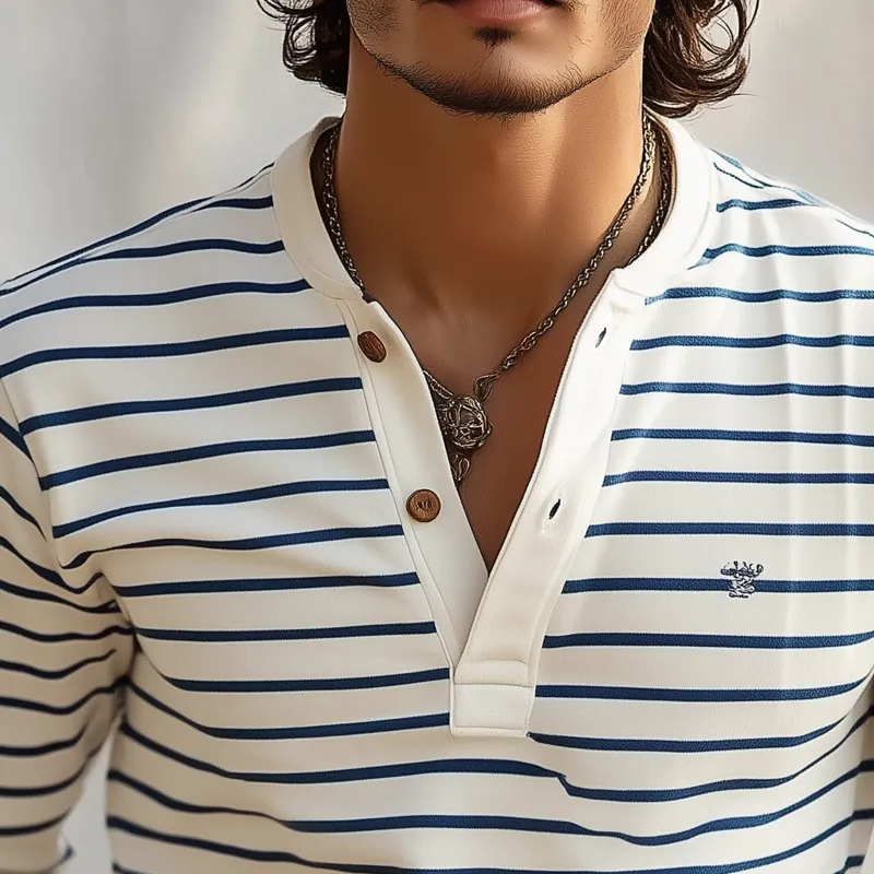 Men's Striped Henley Collar Long Sleeve Casual T-shirt 51957842Z sold by Manly product image thumbnail 3