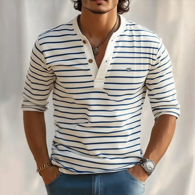 Men's Striped Henley Collar Long Sleeve Casual T-shirt 51957842Z sold by Manly product image thumbnail 2