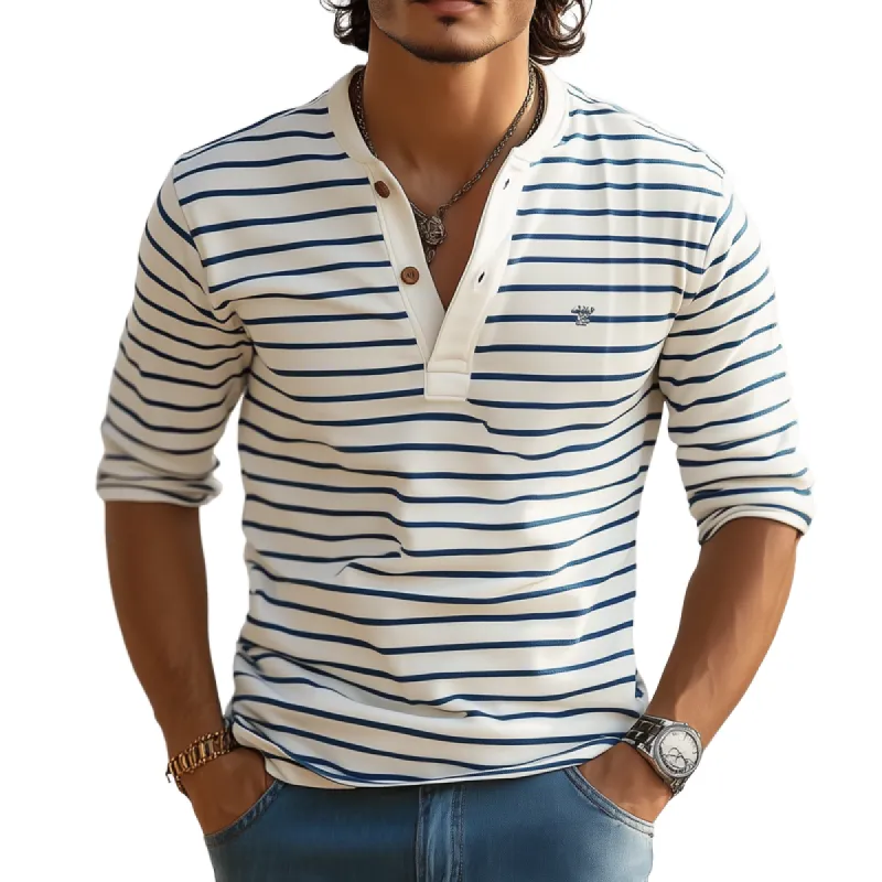 Men's Striped Henley Collar Long Sleeve Casual T-shirt 51957842Z sold by Manly