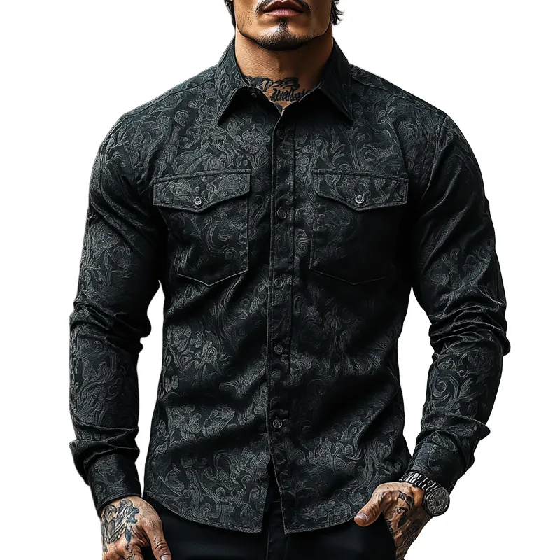 Men's Retro Dark Pattern Lapel Chest Pocket Long Sleeve Shirt 32222235Z sold by Manly