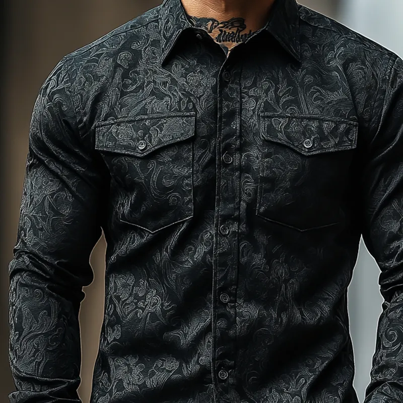 Men's Retro Dark Pattern Lapel Chest Pocket Long Sleeve Shirt 32222235Z sold by Manly product image thumbnail 3