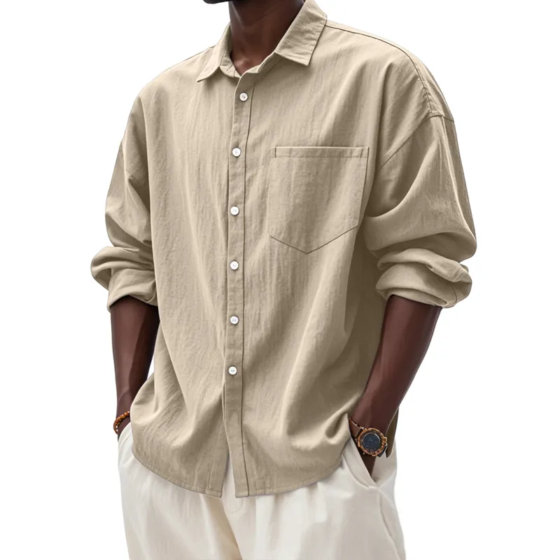 Men's Solid Loose Lapel Chest Pocket Long Sleeve Shirt 37284989Z sold by Manly