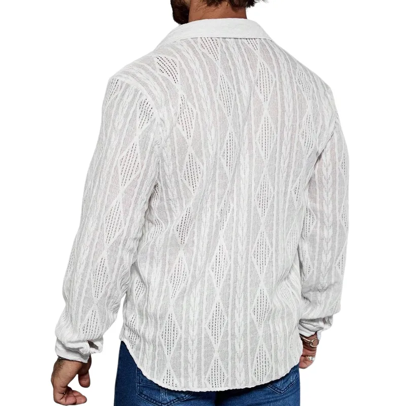 Men's Fashionable Diamond Jacquard Cutout Lapel Long Sleeve Shirt 38880758F sold by Manly product image thumbnail 3