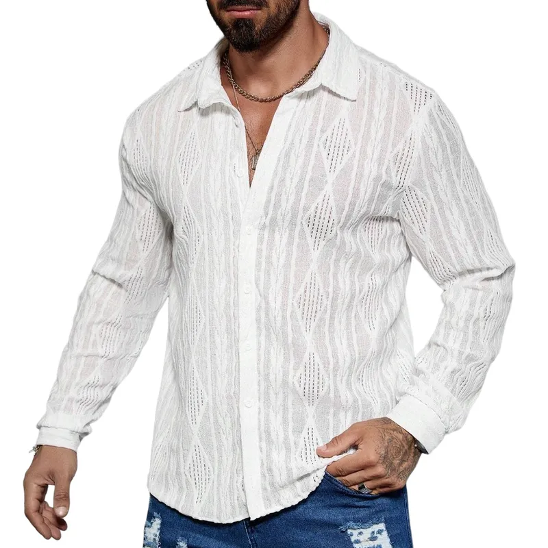 Men's Fashionable Diamond Jacquard Cutout Lapel Long Sleeve Shirt 38880758F sold by Manly product image thumbnail 2