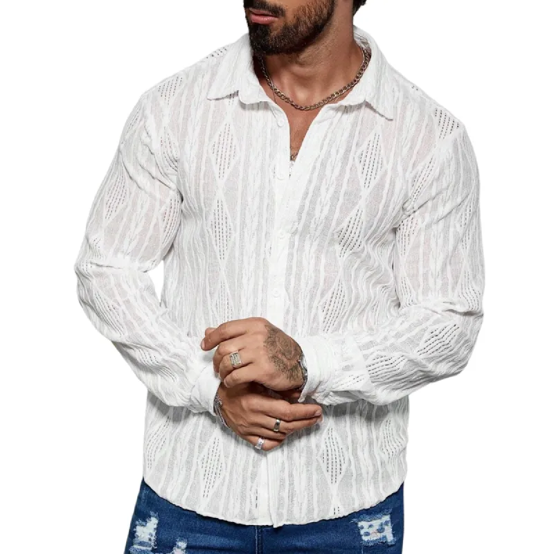 Men's Fashionable Diamond Jacquard Cutout Lapel Long Sleeve Shirt 38880758F sold by Manly