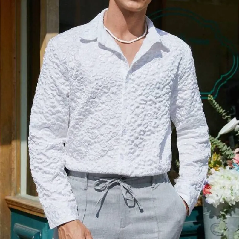 Men's Fashion Embossed Jacquard Lapel Long Sleeve Shirt 07112766F sold by Manly product image thumbnail 2