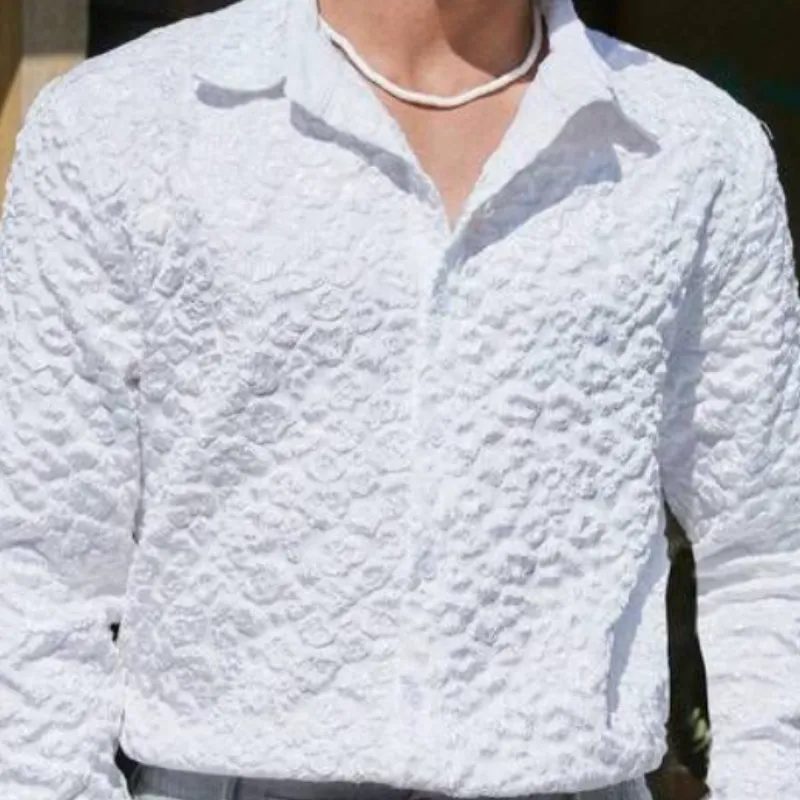 Men's Fashion Embossed Jacquard Lapel Long Sleeve Shirt 07112766F sold by Manly product image thumbnail 3