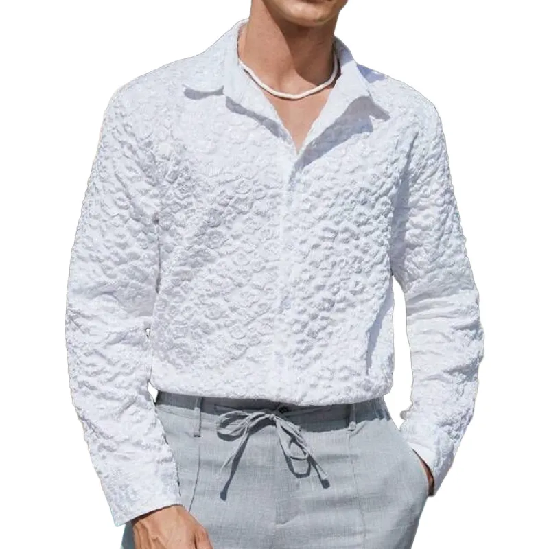 Men's Fashion Embossed Jacquard Lapel Long Sleeve Shirt 07112766F sold by Manly