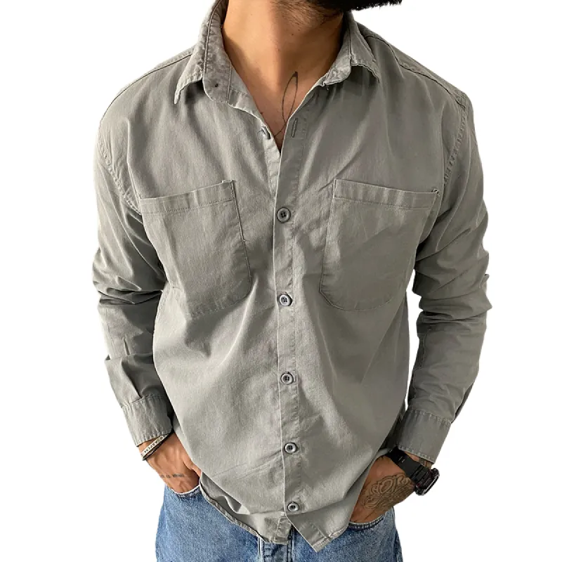 Men's Solid Color Cotton Lapel Long Sleeve Casual Shirt 97809703Z sold by Manly