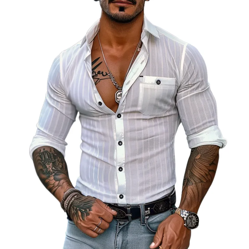 Men's Solid Striped Lapel Chest Pocket Long Sleeve Shirt 81842296Z sold by Manly