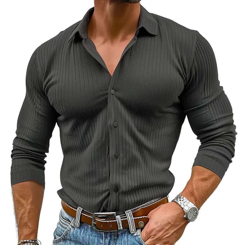 Men's Solid Color Striped Lapel Long Sleeve Casual Shirt 53864333Z sold by Manly