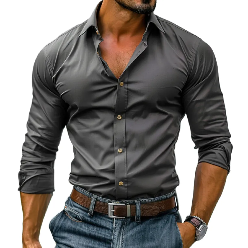 Men's Solid Color Lapel Long Sleeve Casual Shirt 56758173Z sold by Manly