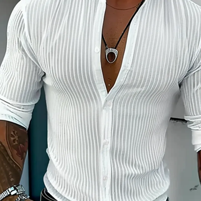 Men's Solid Color Striped Stand Collar Long Sleeve Shirt 02190812Z sold by Manly product image thumbnail 3