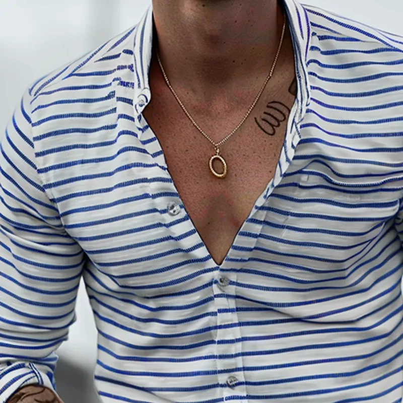 Men's Fashion Striped Stand Collar Long Sleeve Shirt 44941690Z sold by Manly product image thumbnail 3