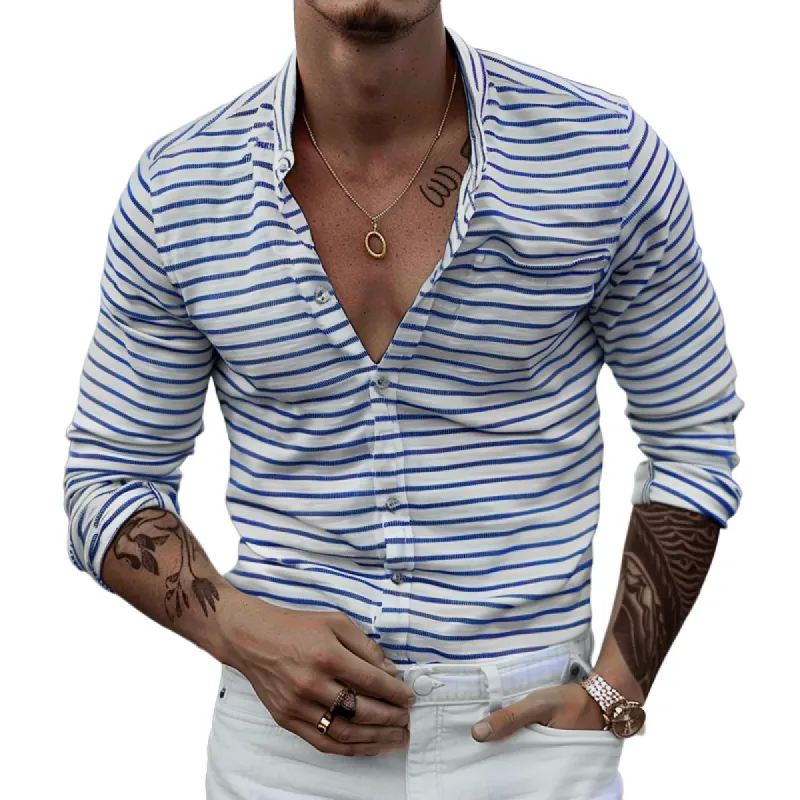 Men's Fashion Striped Stand Collar Long Sleeve Shirt 44941690Z sold by Manly