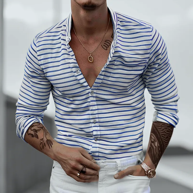 Men's Fashion Striped Stand Collar Long Sleeve Shirt 44941690Z sold by Manly product image thumbnail 2