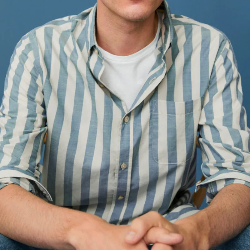 Men's Casual Striped Lapel Cotton and Linen Long Sleeve Shirt 36472245F sold by Manly product image thumbnail 4