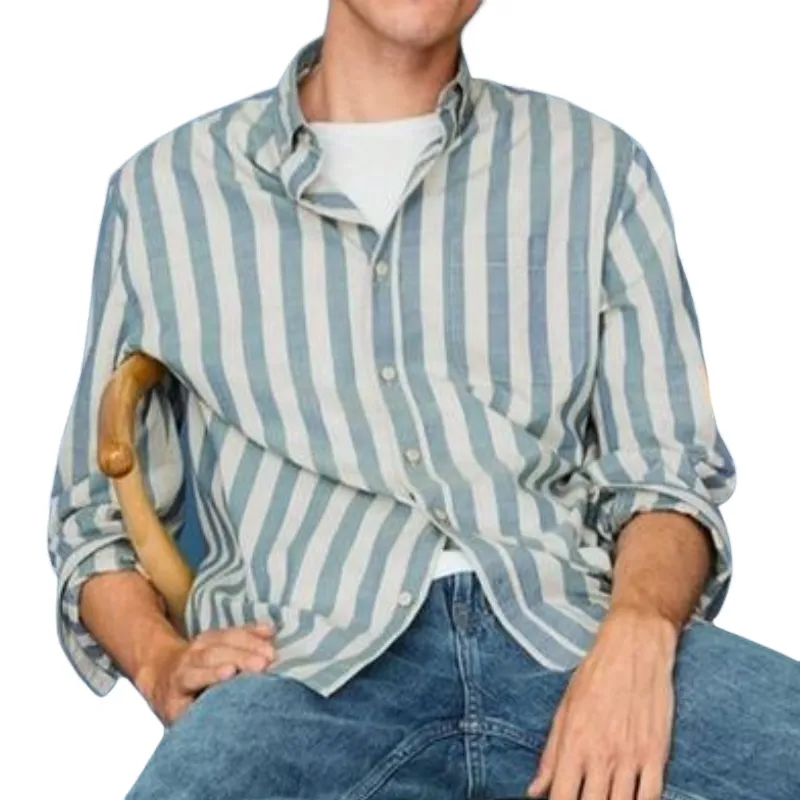 Men's Casual Striped Lapel Cotton and Linen Long Sleeve Shirt 36472245F sold by Manly