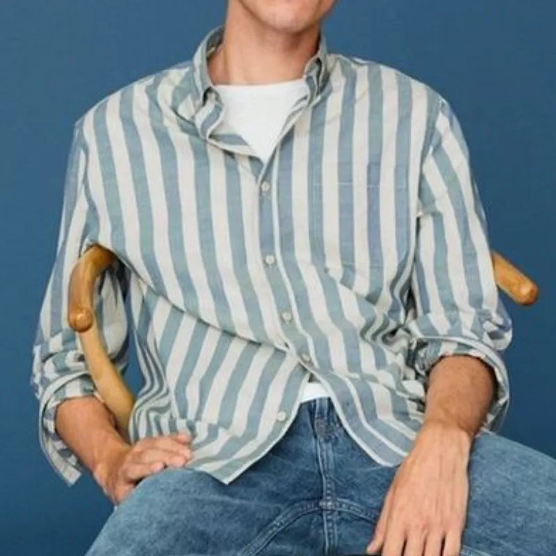 Men's Casual Striped Lapel Cotton and Linen Long Sleeve Shirt 36472245F sold by Manly product image thumbnail 3