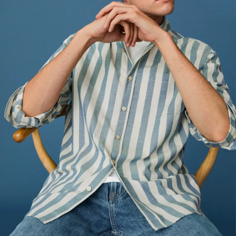 Men's Casual Striped Lapel Cotton and Linen Long Sleeve Shirt 36472245F sold by Manly product image thumbnail 2