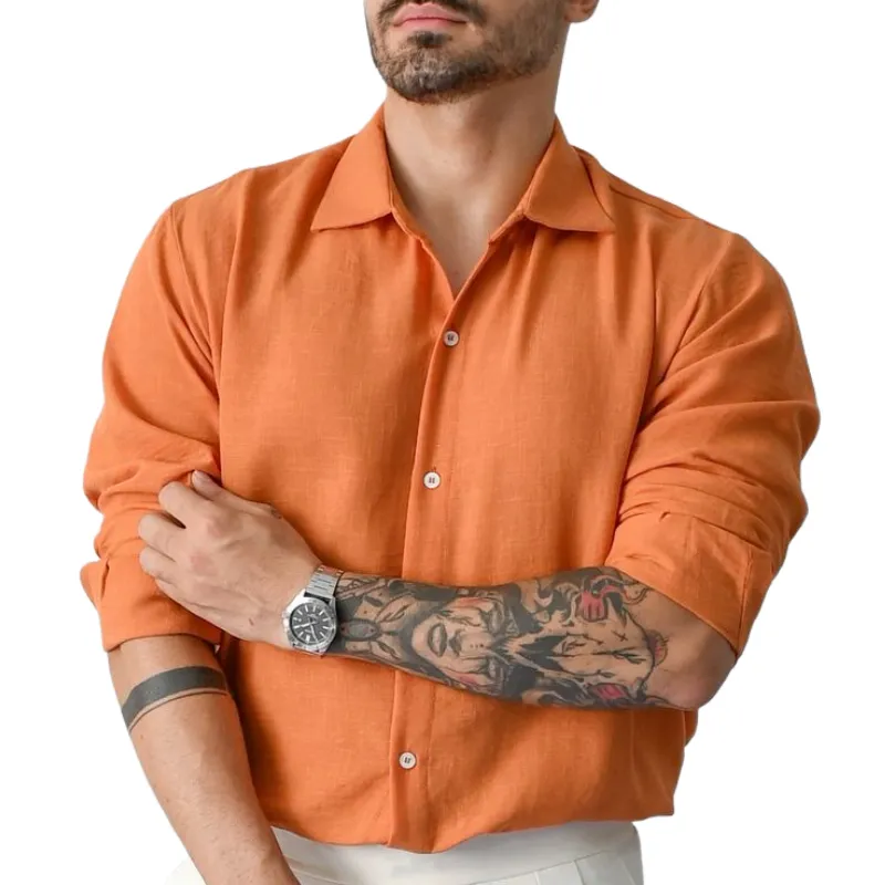 Men's Fashion Solid Color Lapel Cotton Linen Long Sleeve Shirt 67830788F sold by Manly