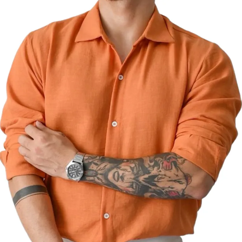 Men's Fashion Solid Color Lapel Cotton Linen Long Sleeve Shirt 67830788F sold by Manly product image thumbnail 2