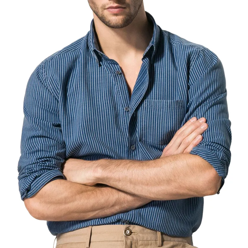 Men's Classic Casual Lapel Striped Cotton and Linen Long Sleeve Shirt 67466830F sold by Manly